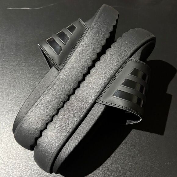 Adidas Adilette Platform Slides Black 3-Stripes Women’s 8 - Picture 4 of 7